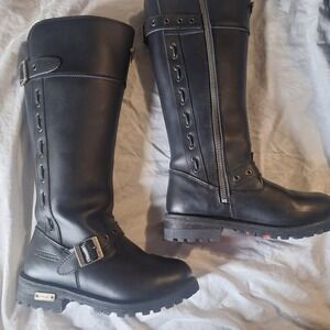 Xelement Womens Black Leather Motorcycle Boots Skull Biker Knee High Size 9 USA